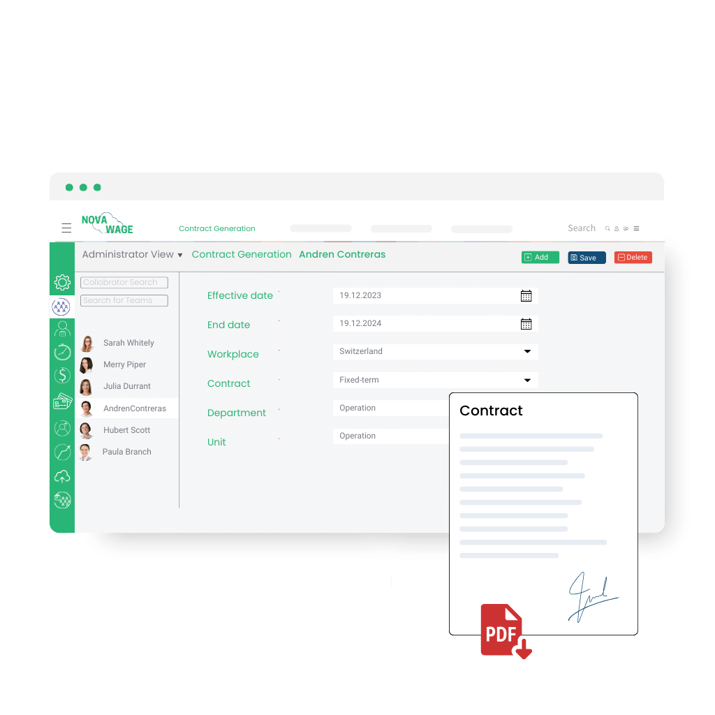 Screenshot showing employee database software interface with digital contract signing.
