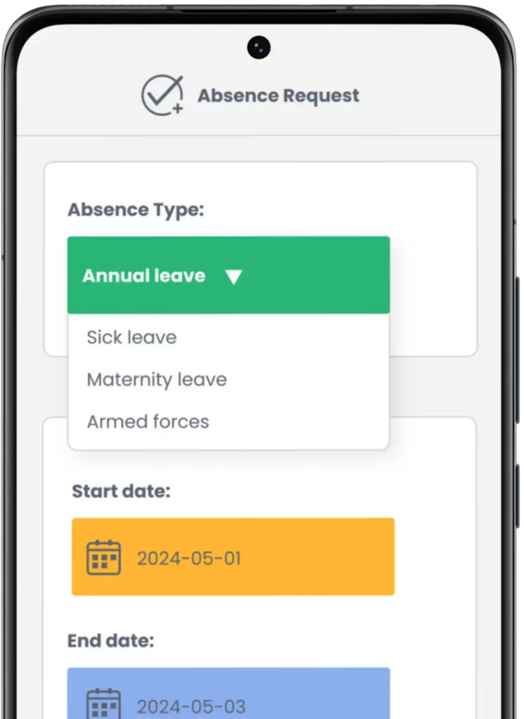 A screenshot of the absence screen in the Swiss HR mobile application, showing options for various types of absence, date selection, comment input, and attachment of relevant documents.