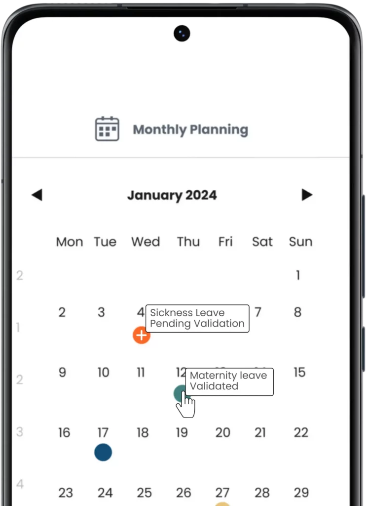 A screenshot of the monthly calendar screen in the Swiss HR mobile application, displaying team absence requests and options to submit absence requests