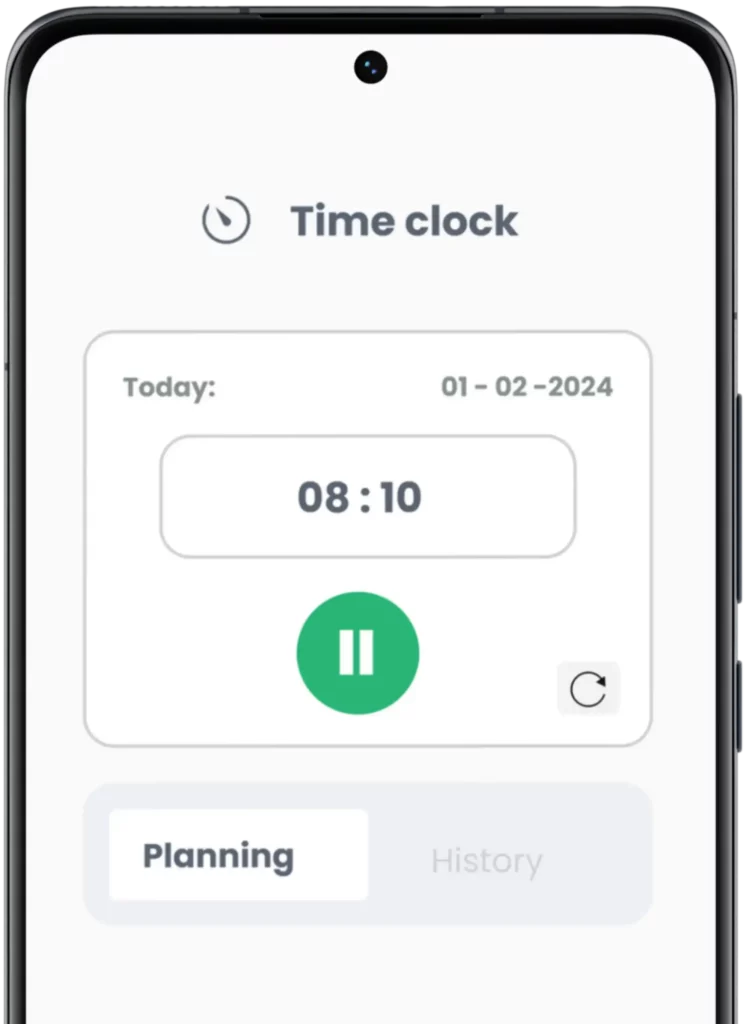 A screenshot of the Swiss HR mobile application featuring time tracking functionality with options to clock in and out, date display, pause and play buttons, and tabs for planning and history.