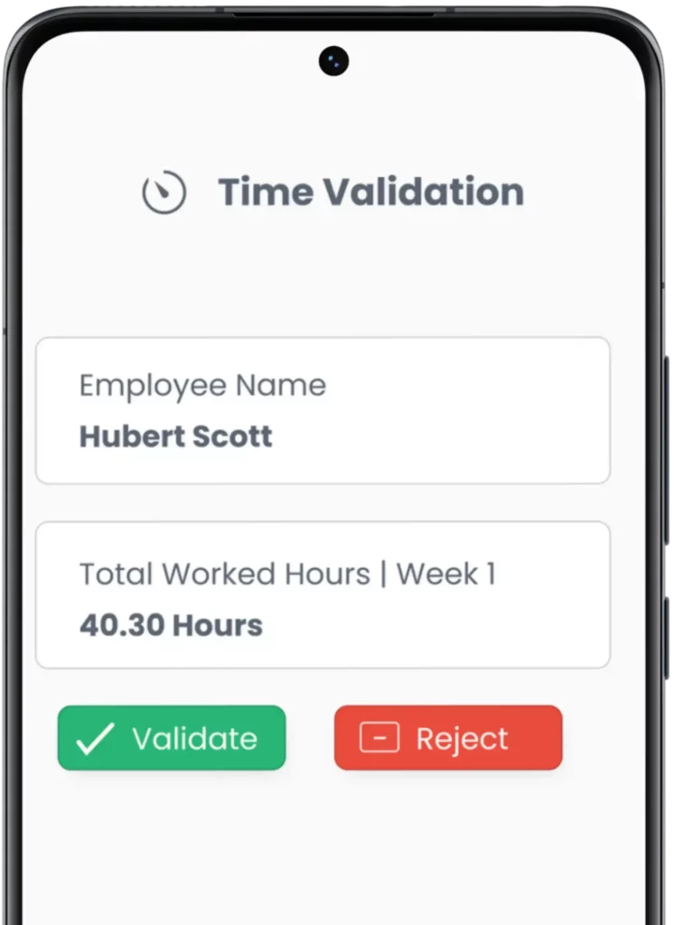 A screenshot of the hours validation feature in the Swiss HR clock-in app, displaying options for managers and admins to track, check, and validate time entries